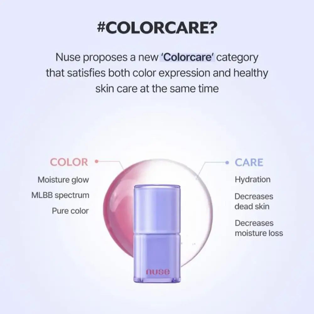 Paarse lipglossfles met witte dop. Tekst: 'nuse'. Diagram met 'COLOR' en 'CARE' aspecten.
