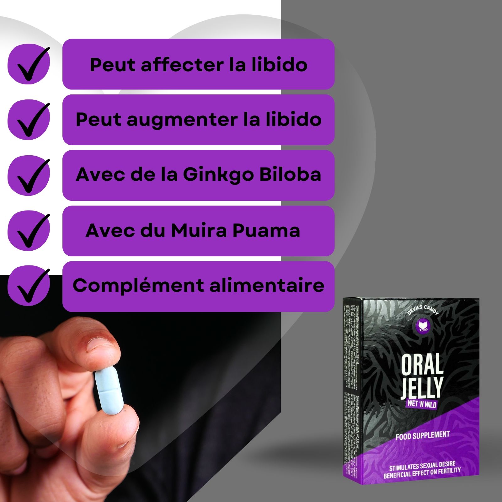 Emballage du produit avec texte. Une pilule bleue est tenue. Texte : Oral Jelly, Food Supplement.