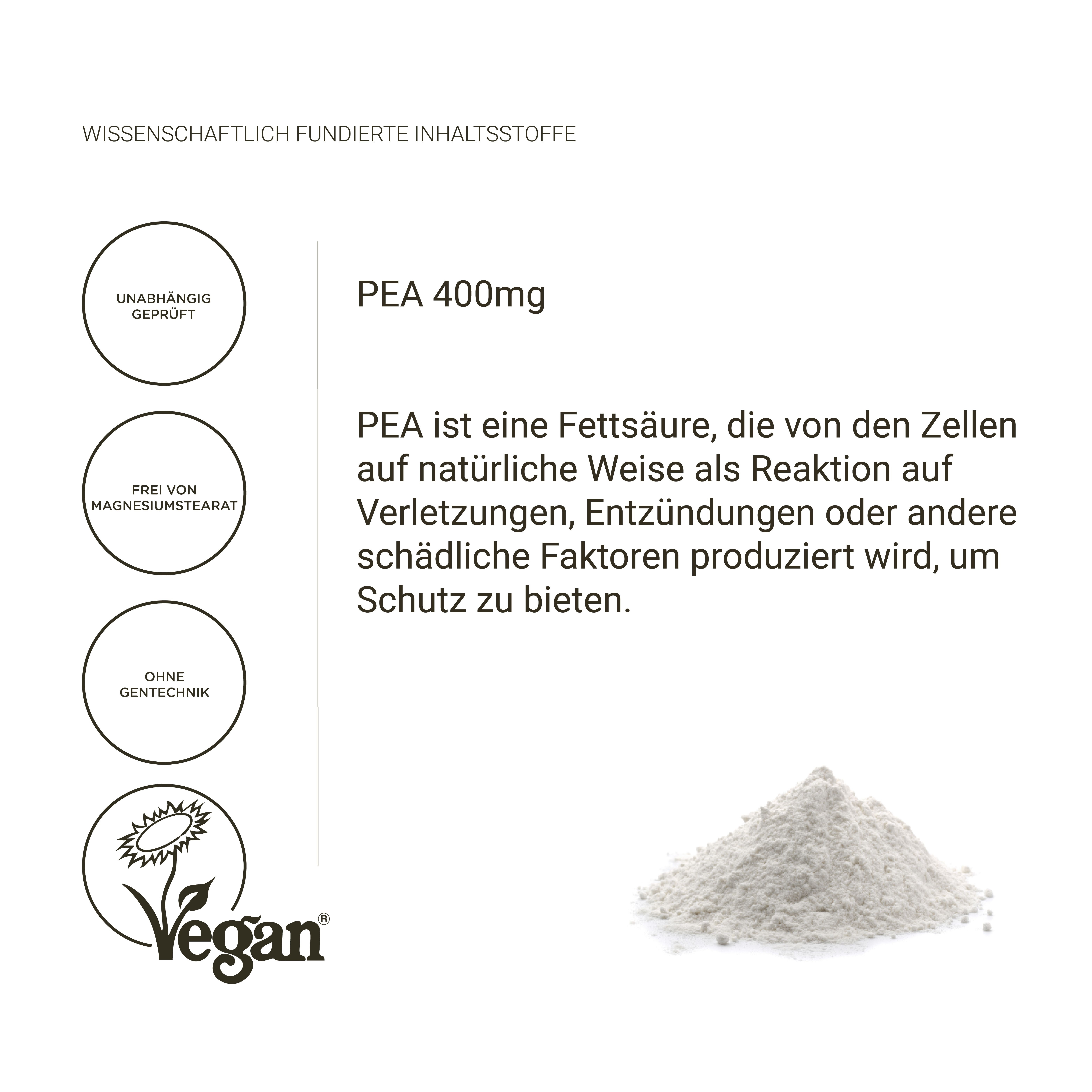 Hoop wit poeder. Tekst: PEA 400mg. Vegan-logo. Tekst: PEA is een vetzuur dat door het lichaam wordt geproduceerd.