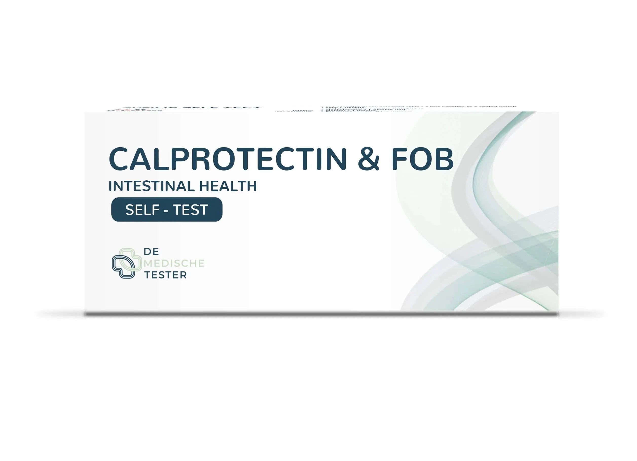 Verpakking voor een Calprotectin & FOB zelftest voor darmgezondheid.