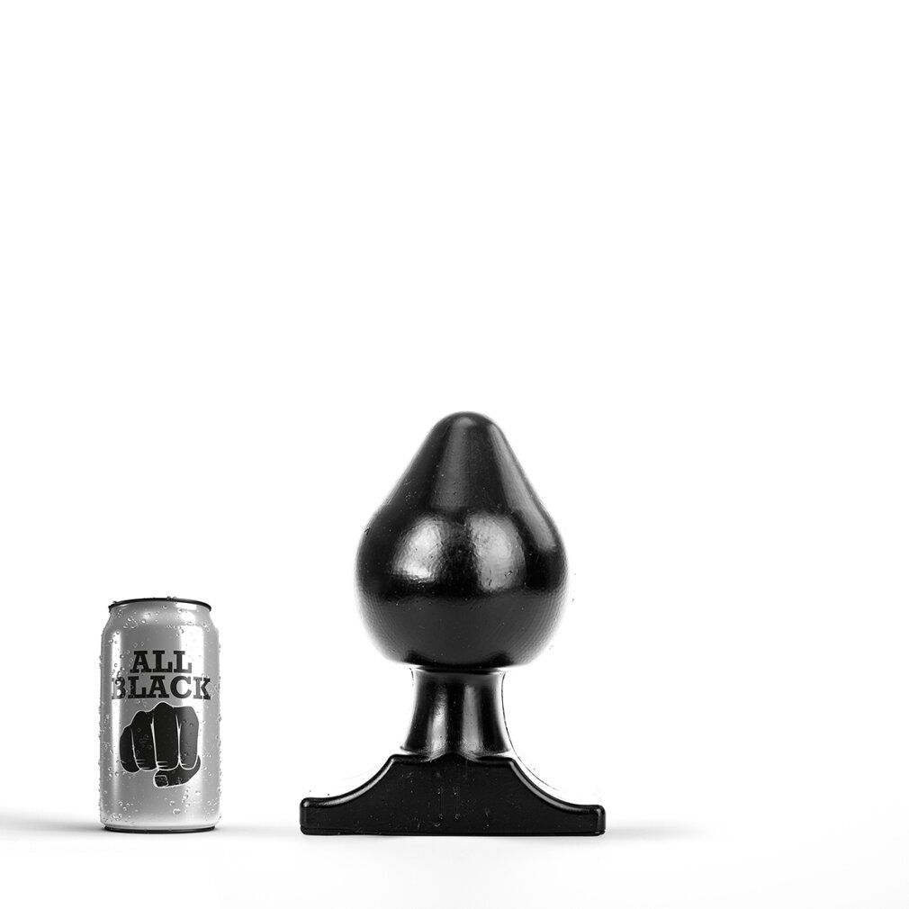 Zwarte anale plug naast een blikje met 'ALL BLACK' erop.