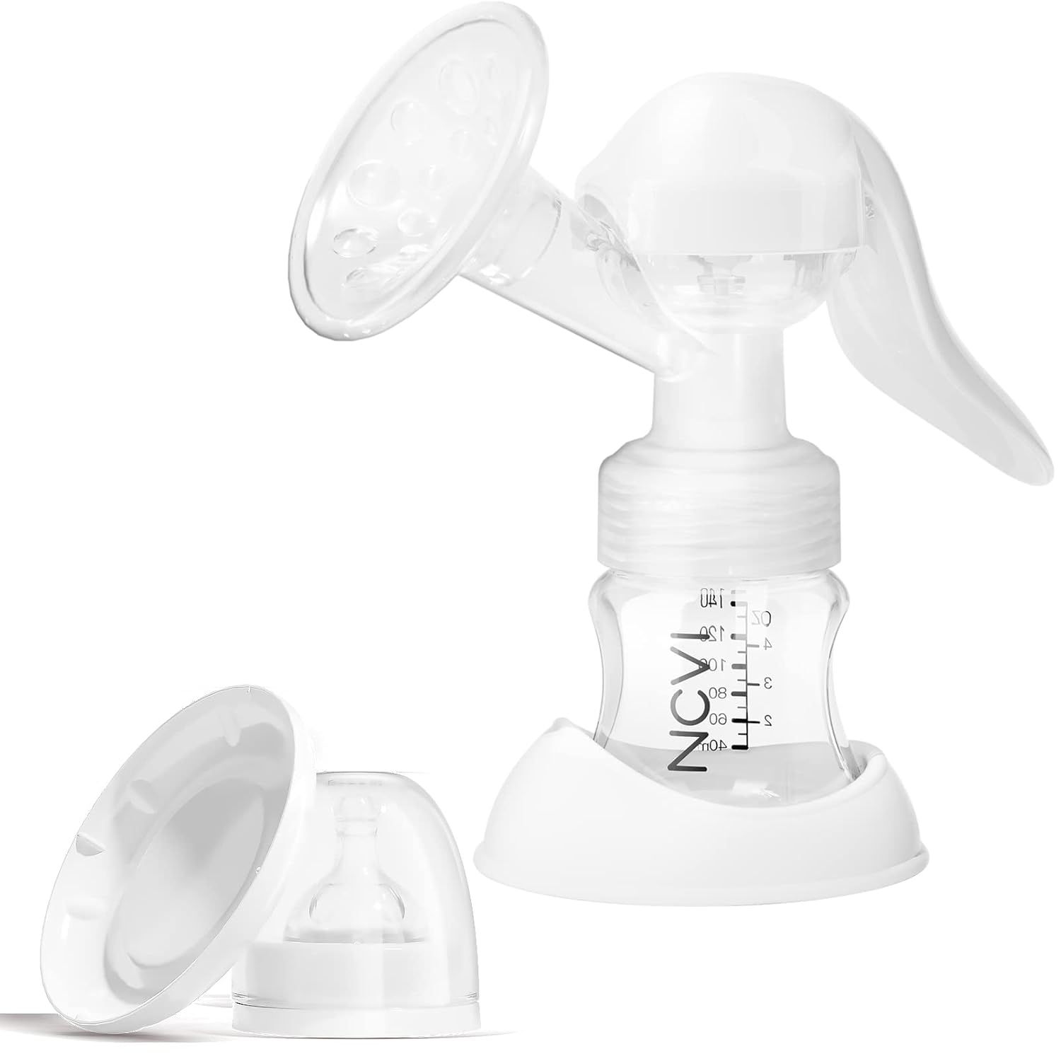 Tire-lait manuel blanc avec flacon et capuchon. Entonnoir en silicone transparent et échelle sur le flacon.