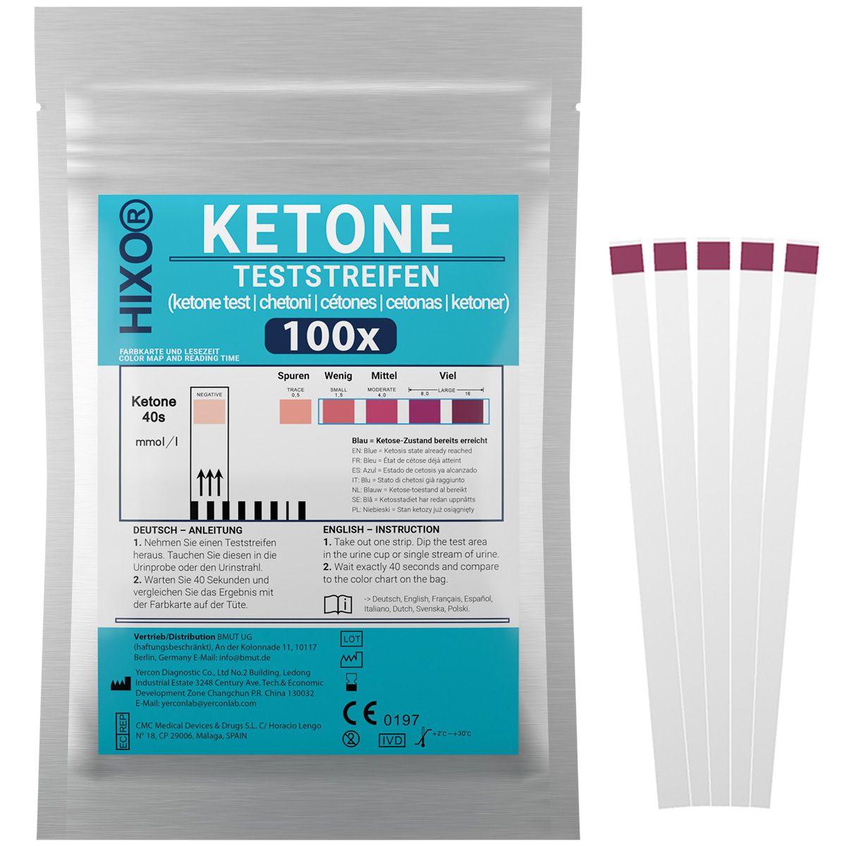 Sachet de bandelettes de test HIXO Ketone et bandelettes. Inscription : KETONE TESTSTREIFEN 100x. Tableau de comparaison des couleurs.