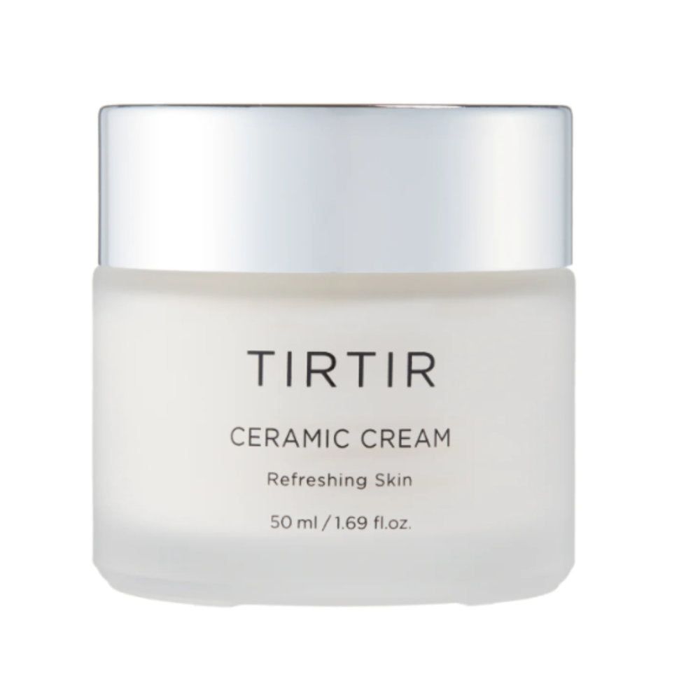 Witte pot Tir Tir Ceramic Cream met zilveren deksel. Opschrift: Ceramic Cream, Refreshing Skin, 50 ml.