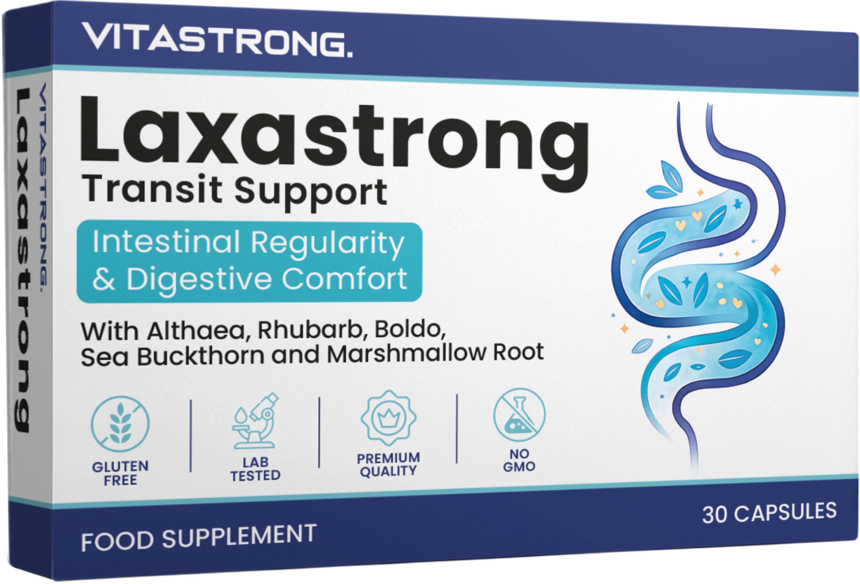 Boîte Vitastrong Laxastrong de 30 gélules, pour la régularité intestinale et le confort digestif.
