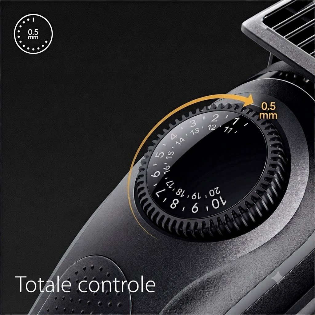 Close-up van een zwarte trimmer met een instelwiel voor snijlengtes van 0,5 mm tot 20 mm.