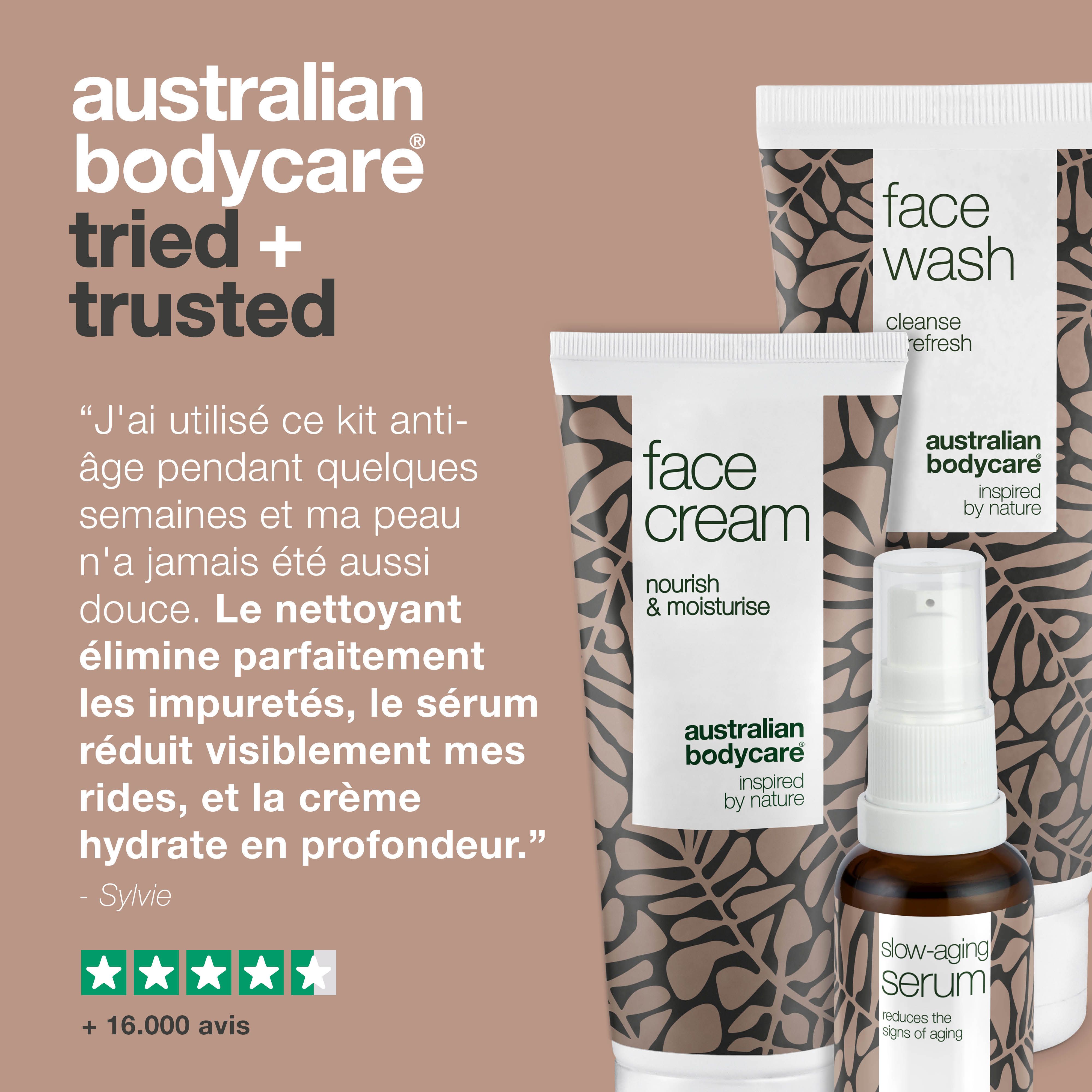 Kit de soins du visage avec nettoyant, crème et sérum. Évaluation client : 5 étoiles. Marque : Australian Bodycare.