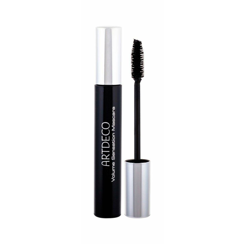 Tube de mascara noir Artdeco Volume Sensation avec bouchon argenté et brosse. Brosse sortie.
