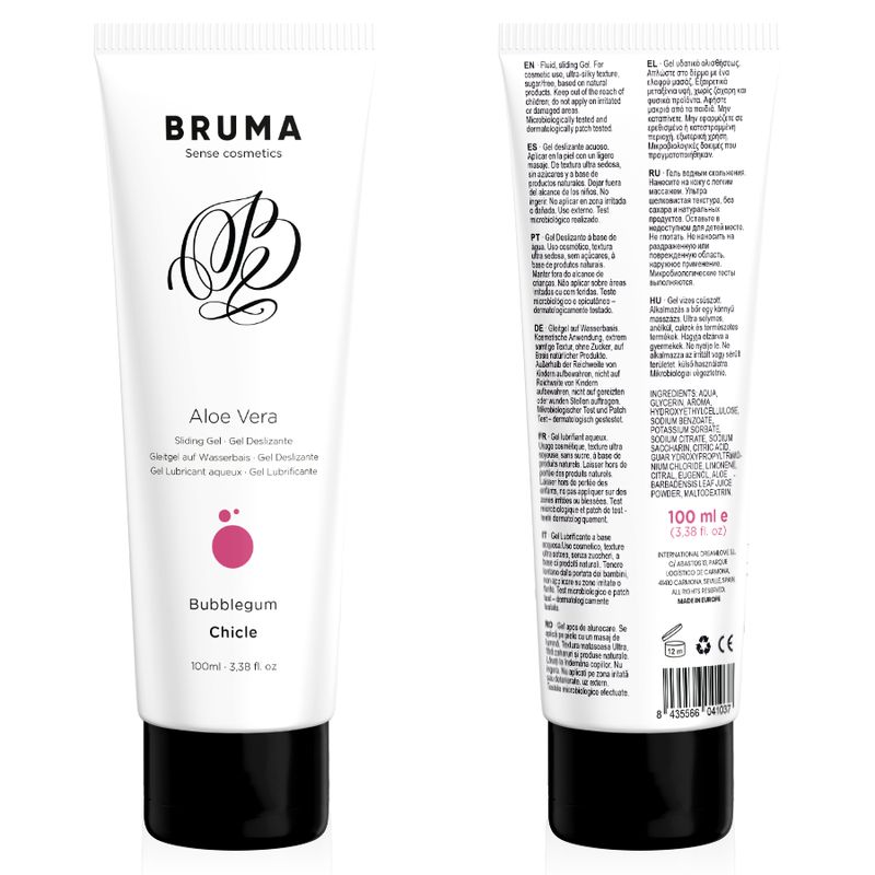 Bruma glijmiddel Aloë Vera, Bubblegum smaak, 100ml tube, achterkant met productinformatie.