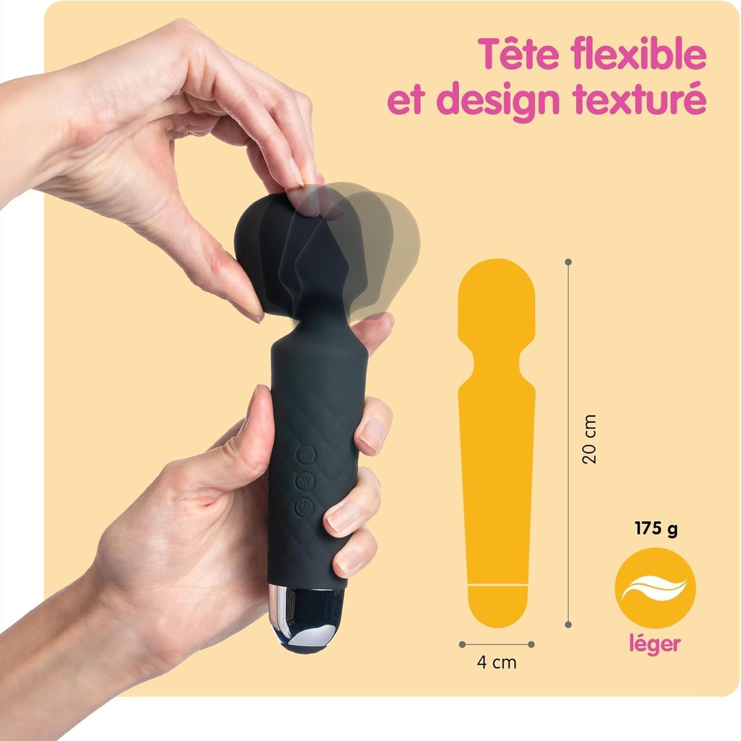 Vibrateur noir à tête flexible et texturée. Dimensions : 20 cm de long, 4 cm de large. Poids : 175 g.