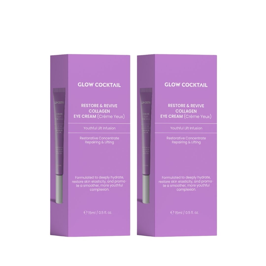 Twee paarse dozen met oogcrèmetubes. Opschrift: Glow Cocktail, Restore & Revive Collagen Eye Cream. Bevat 15ml.