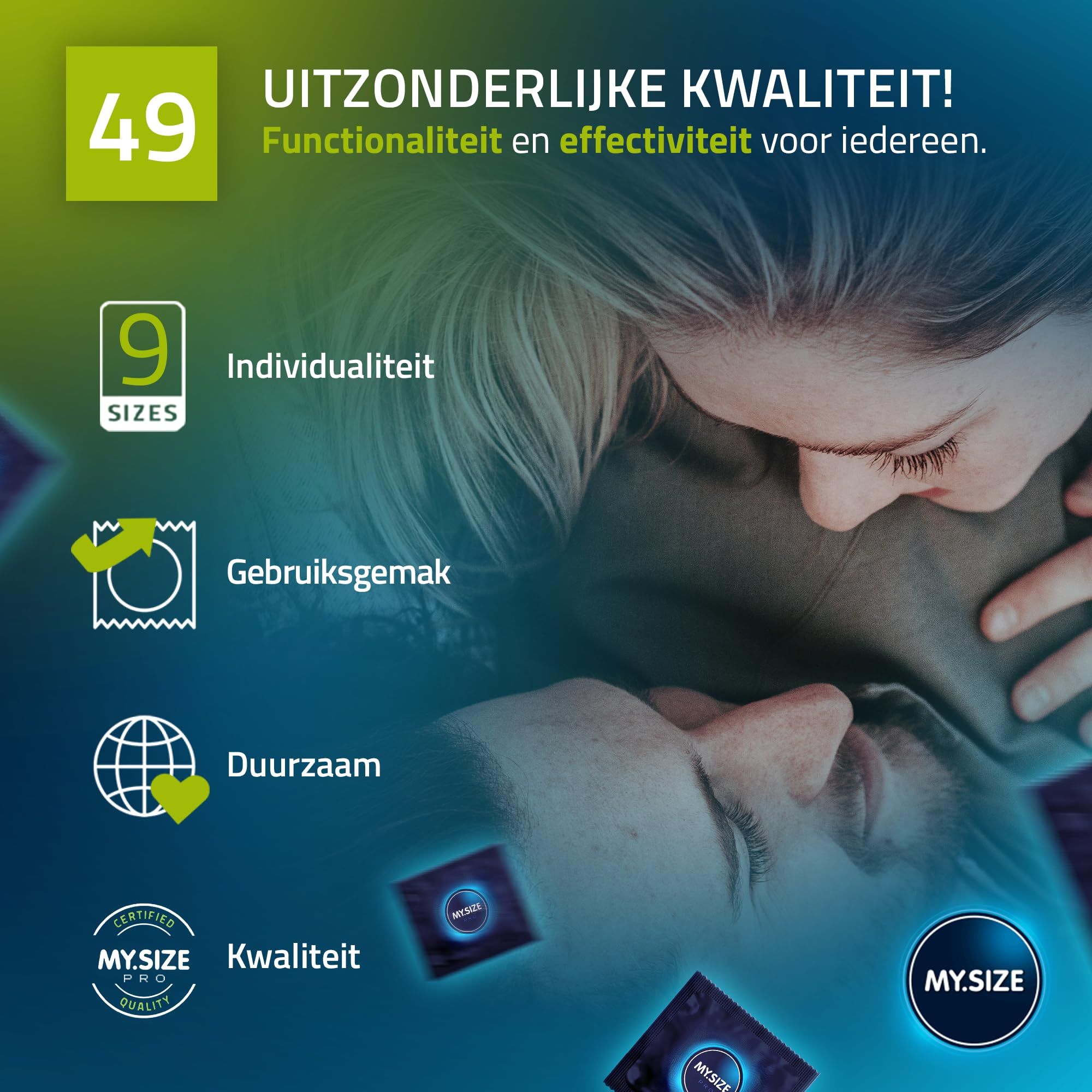 Italiaanse advertentie: My.Size PRO condooms, maat 49mm. Paar en product.