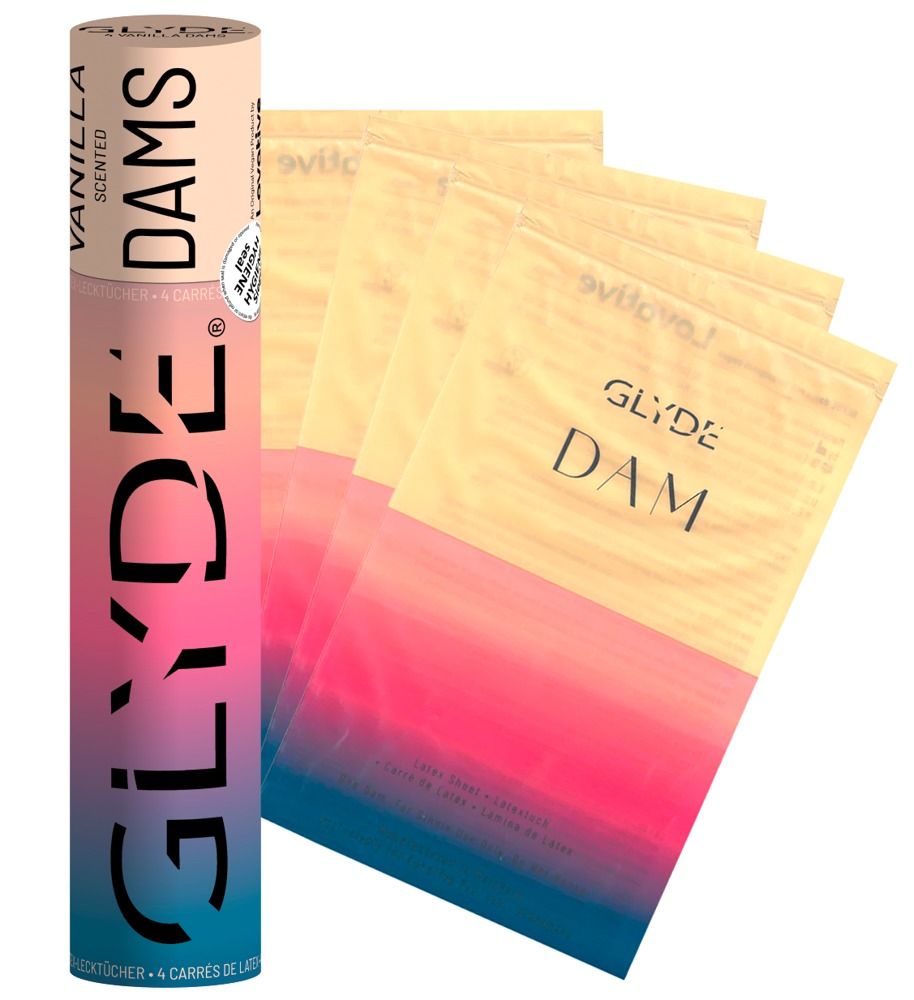 Emballage cylindrique et quatre feuilles de latex emballées individuellement. Inscription: GLYDE DAMS, VANILLA, parfumé.