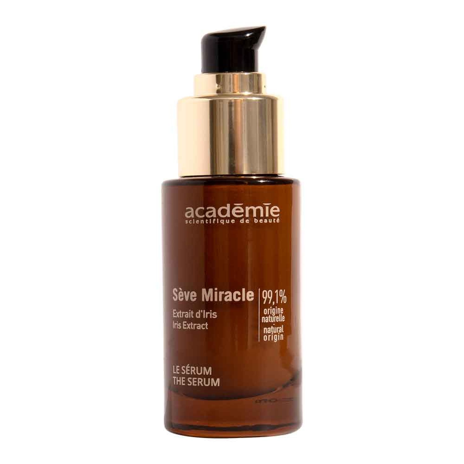 Flacon en verre brun avec pompe dorée. Inscription: Académie, Sève Miracle, Extrait d'Iris, 99,1% origine naturelle, Le Sérum.