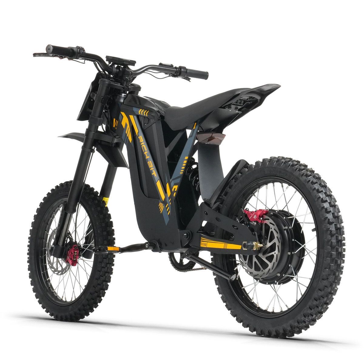 Vélo électrique tout-terrain noir avec accents jaunes. Suspension complète, pneus tout-terrain, freins à disque. RICH BIT V9 Ultra.