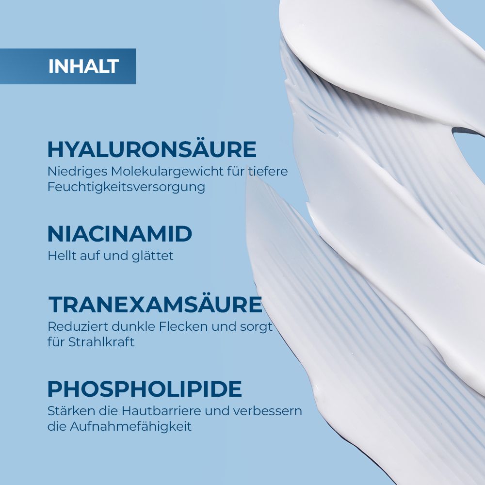 Gros plan sur des textures de crème. Texte : acide hyaluronique, niacinamide, acide tranexamique, phospholipides. Ingrédients pour la peau.