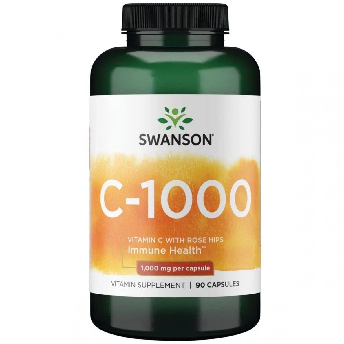 Groene pot met Swanson C-1000 Vitamine C met Rozenbottel, 90 capsules.