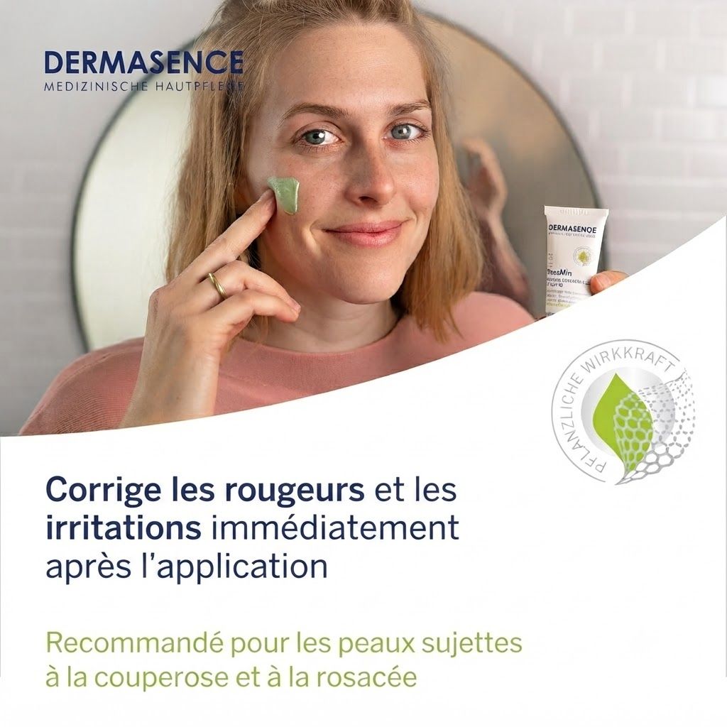 Femme appliquant une crème verte sur sa joue. Un tube de crème est visible.