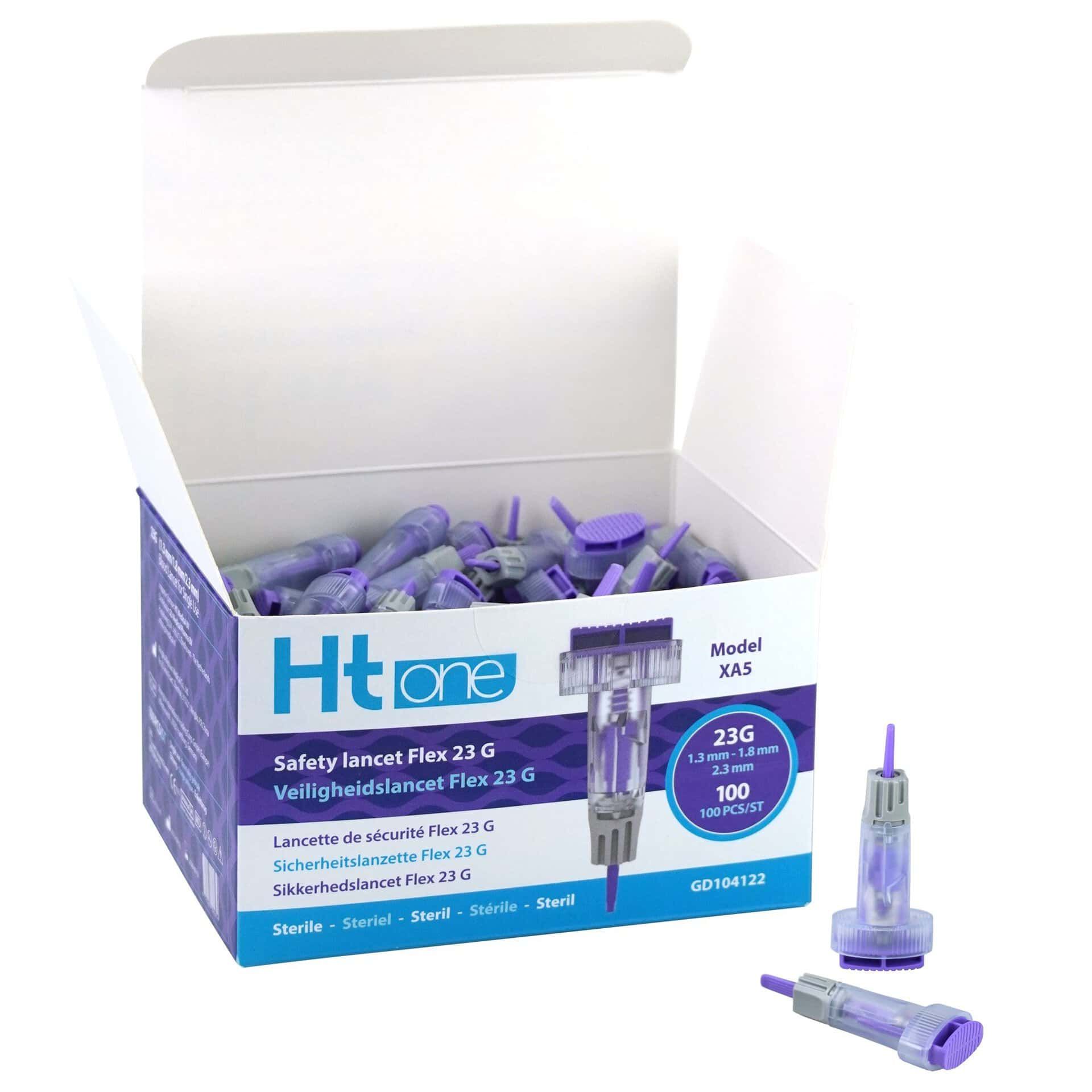 Open verpakking van de HT One Safety Lancet Flex 23G, gevuld met veel losse lancetten.