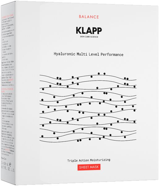 Enkele, transparante verpakking met productinformatie. Opschrift: KLAPP, Hyaluronic Multi Level Performance, Sheet Mask.