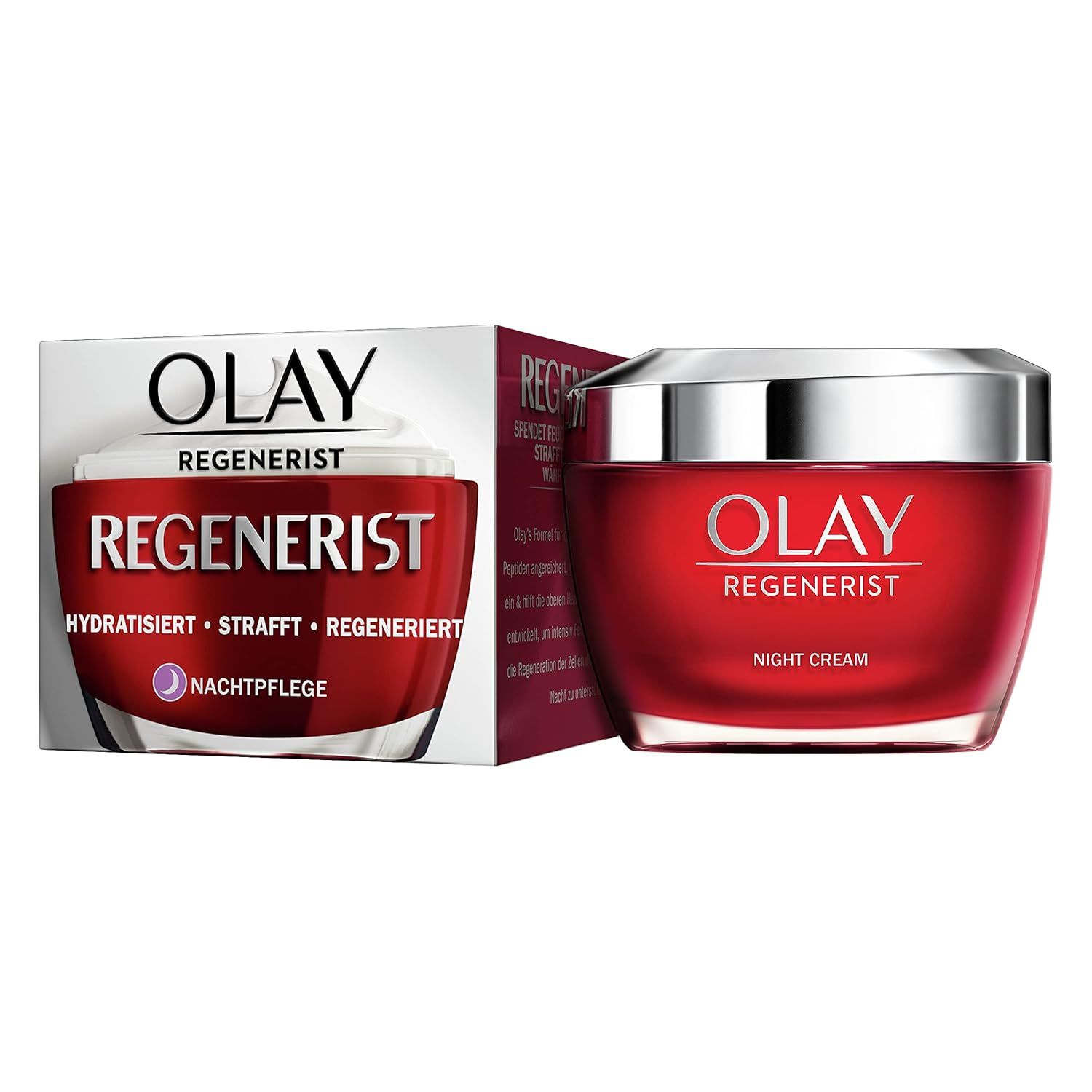 Pot et emballage Olay Regenerist Nachtcreme. Pot rouge, couvercle argenté. Emballage blanc avec logo.