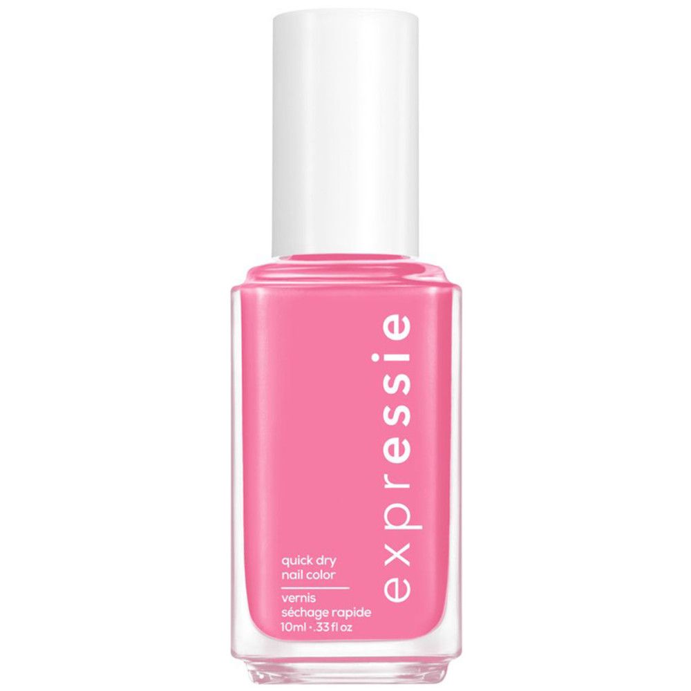 Flacon de vernis à ongles rose. Bouchon blanc. Inscription: Expressie, Quick dry nail color.