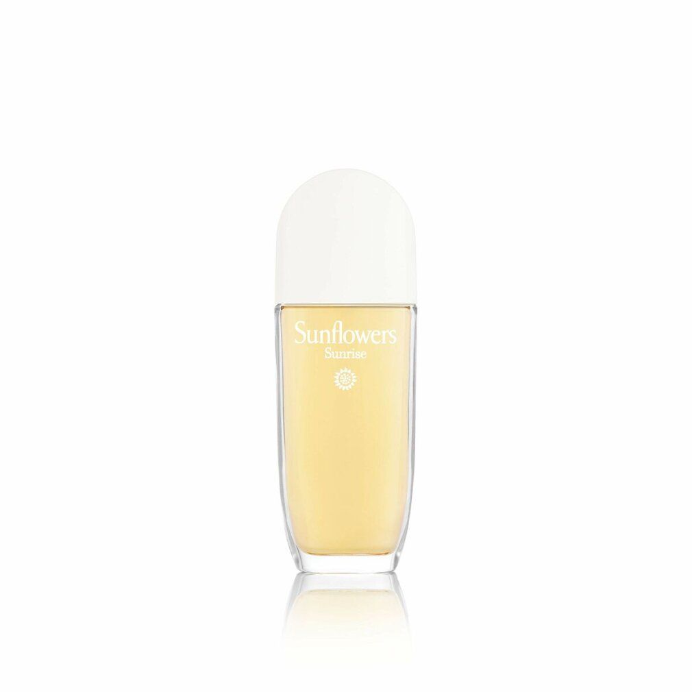 Flacon Elizabeth Arden Sunflowers Sunrise. Flacon avec bouchon blanc, liquide jaune. Inscription Sunflowers Sunrise.