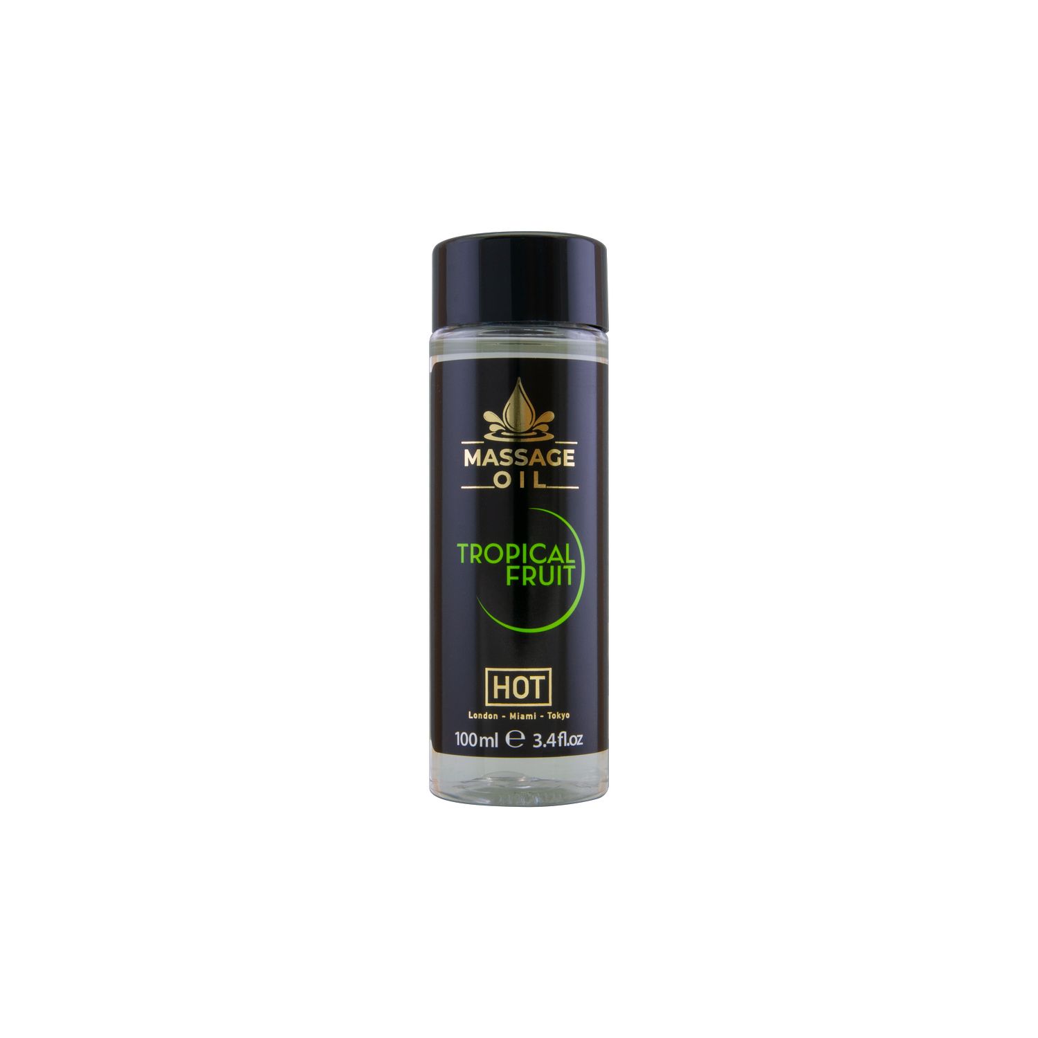 Flacon cylindrique avec bouchon noir. Étiquette avec nom du produit: MASSAGE OIL Tropical Fruit. Volume: 100ml.
