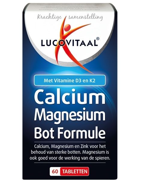 Verpakking van Lucovitaal Calcium Magnesium Bot Formule. Blauwe doos met productnaam en logo. Bevat 60 tabletten.