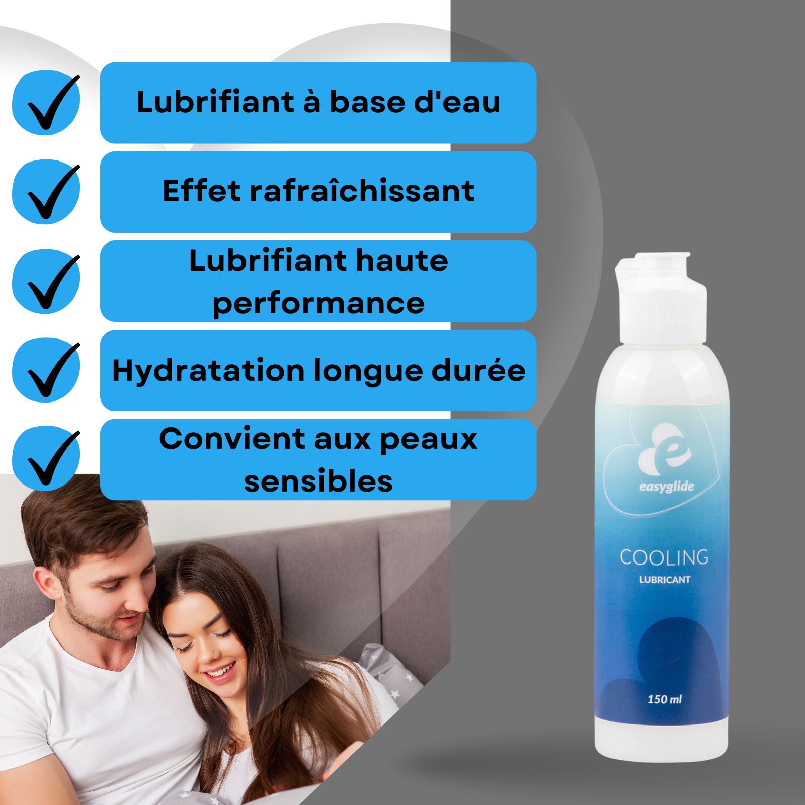 Flacon blanc. Easyglide Cooling Lubricant. Dégradé bleu et blanc. 150 ml. Couple au lit.