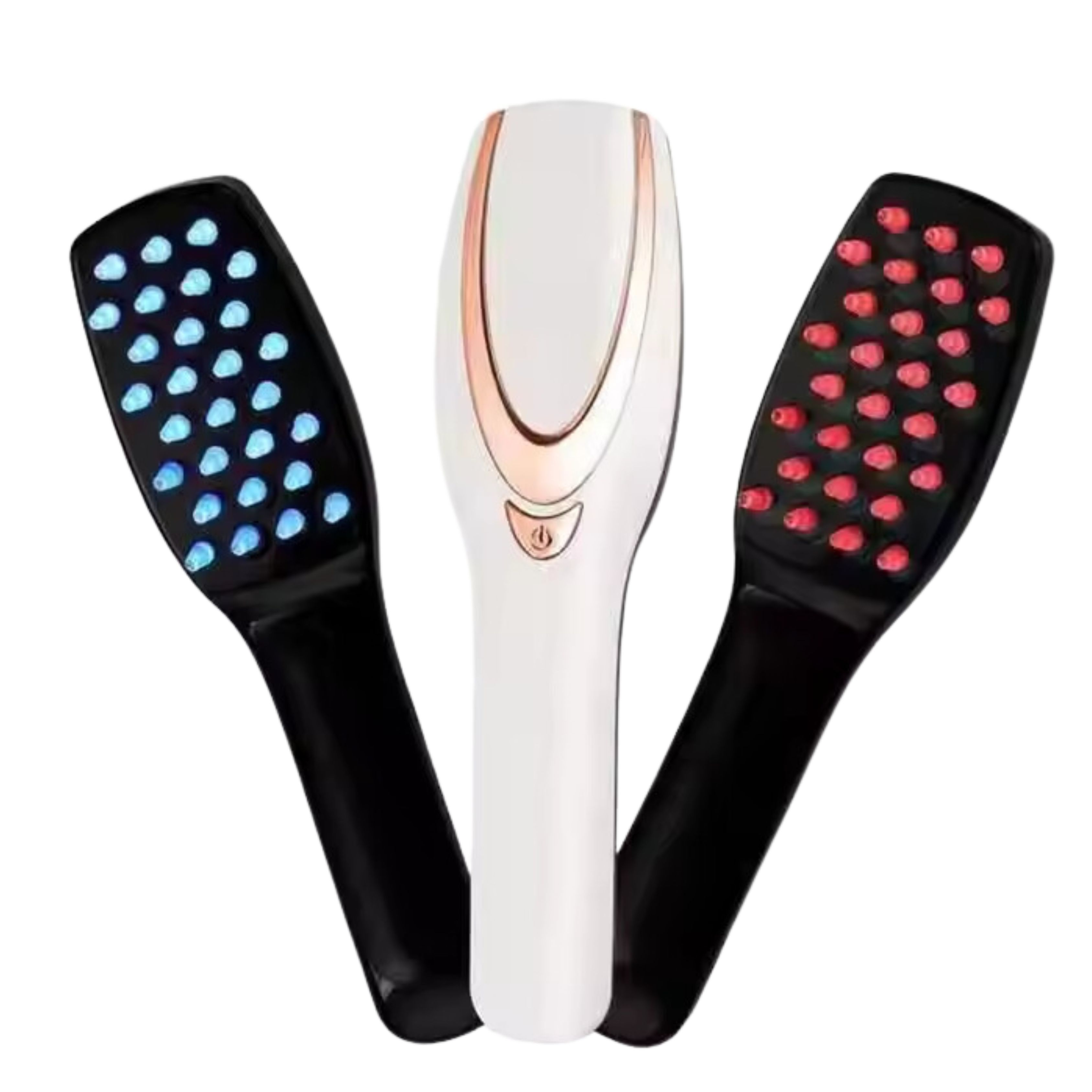 Trois brosses à cheveux: une blanche avec or rose, deux noires avec LED bleues et rouges.