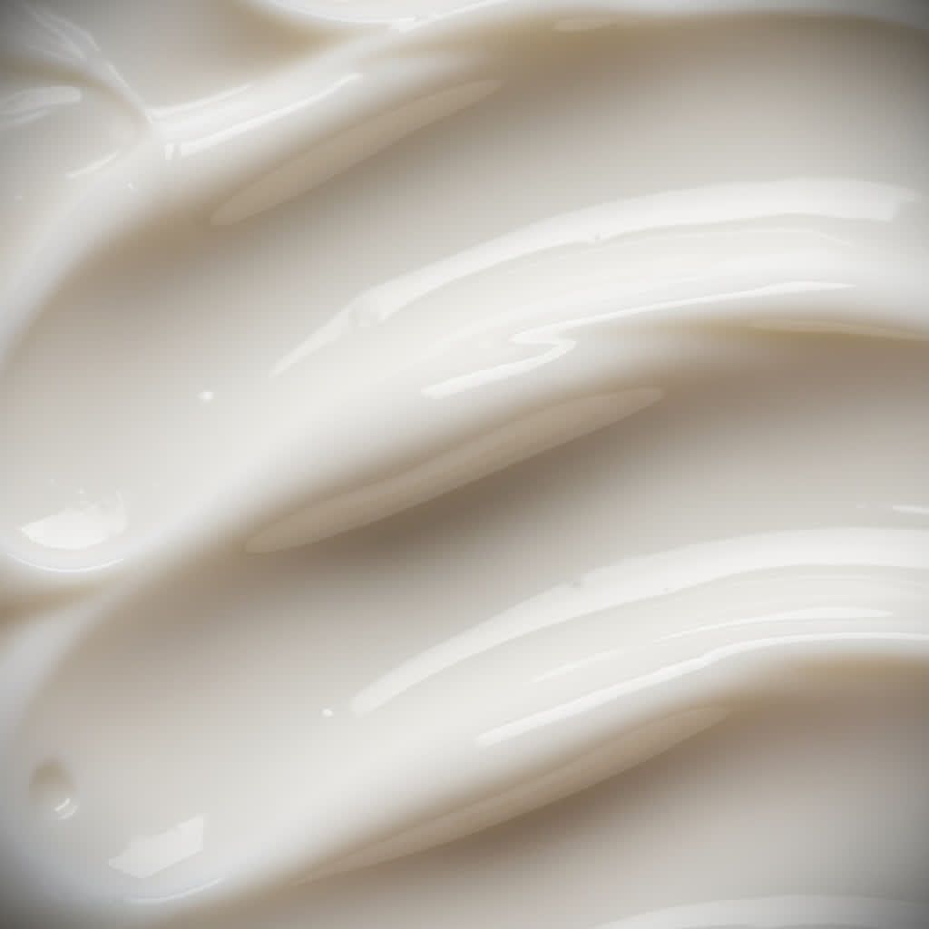 Gros plan de crème blanche. La crème est appliquée en bandes ondulées.