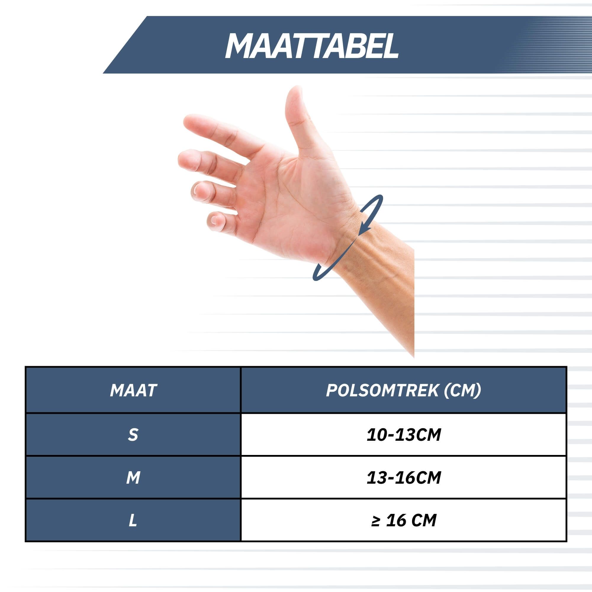 Maattabel voor polsbraces: S (10-13cm), M (13-16cm), L (≥16cm).