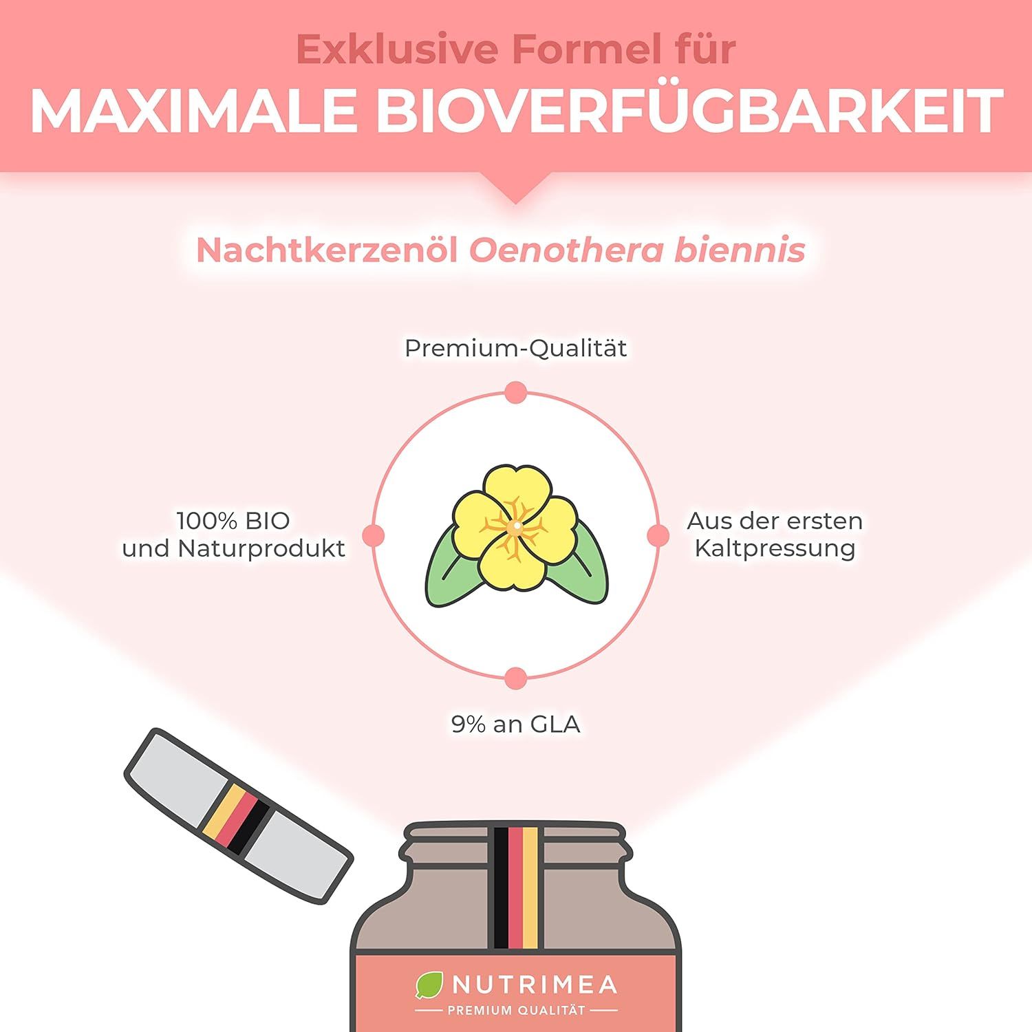Afbeelding: Exclusieve formule voor maximale biologische beschikbaarheid. 100% BIO, eerste koude persing, 9% GLA. Fles.