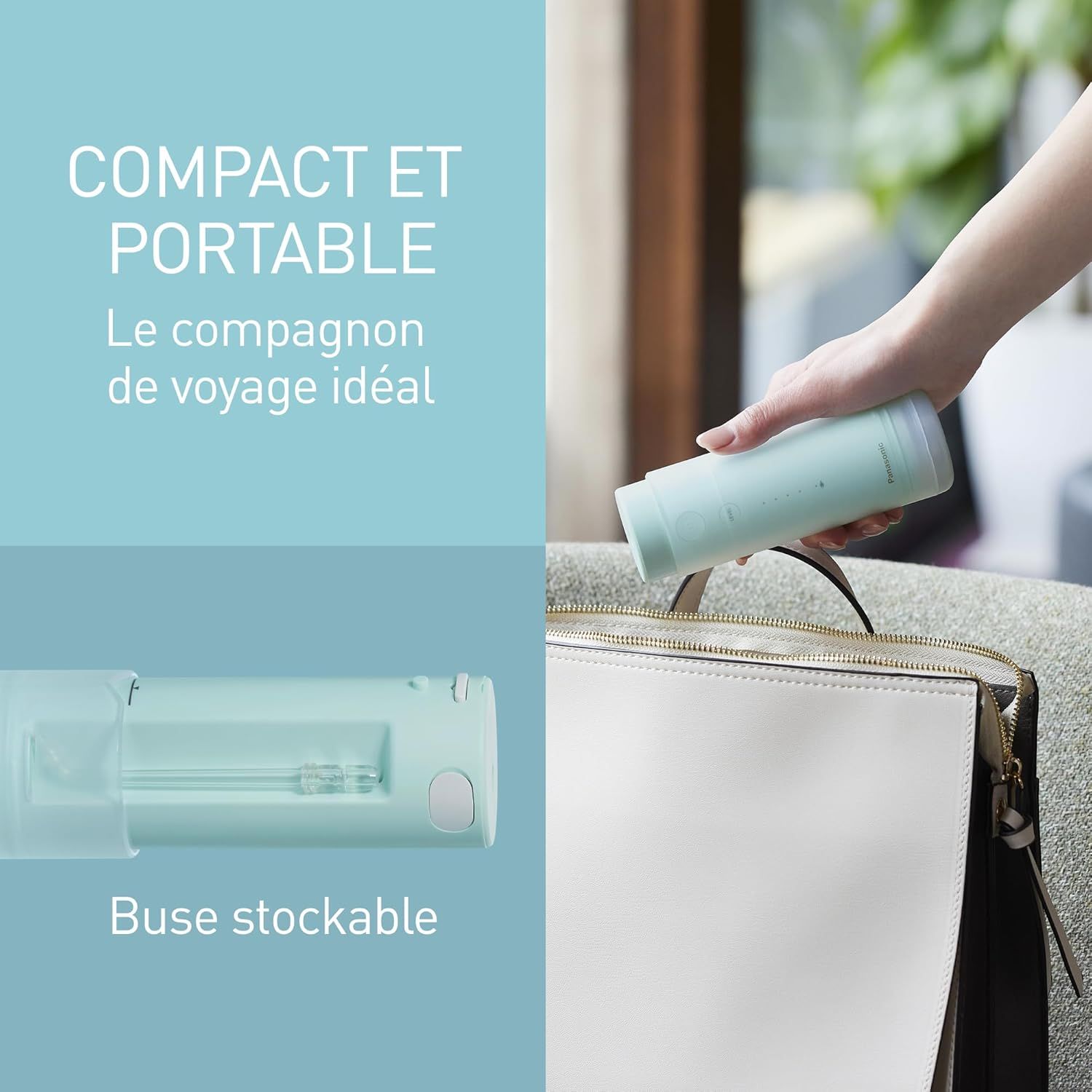 Brosse à eau compacte et portable dans son étui, rentre dans un sac.