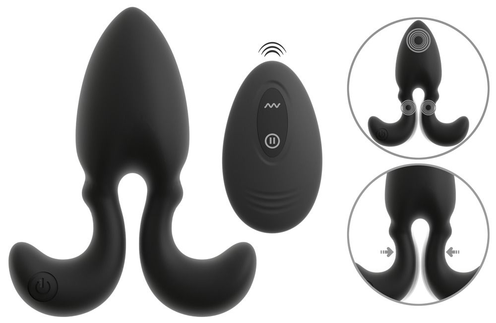 Zwarte anale plug met flexibele armen en afstandsbediening. Toont oplaadcontacten en aan/uit-symbool.