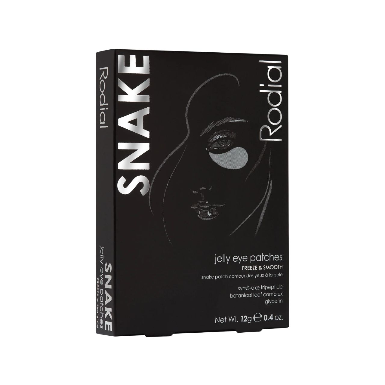 Zwarte verpakking met productafbeelding. Opschrift SNAKE en Rodial. Bevat ooggelpatches. Nettogewicht 12g.