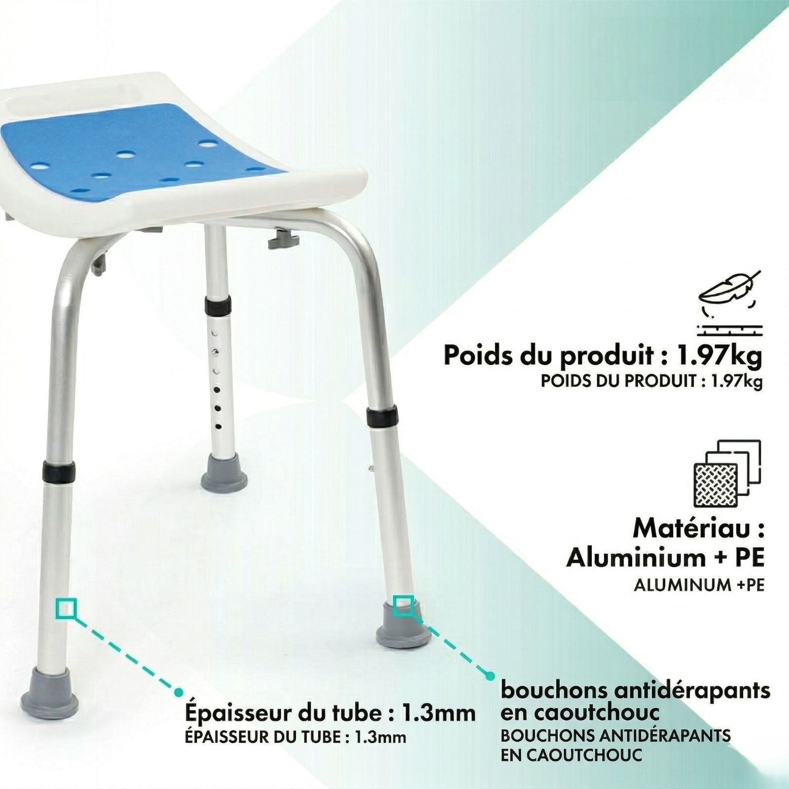 Tabouret de douche avec cadre en aluminium, pieds en caoutchouc antidérapants. Poids: 1,97kg. Épaisseur du tube: 1,3mm.