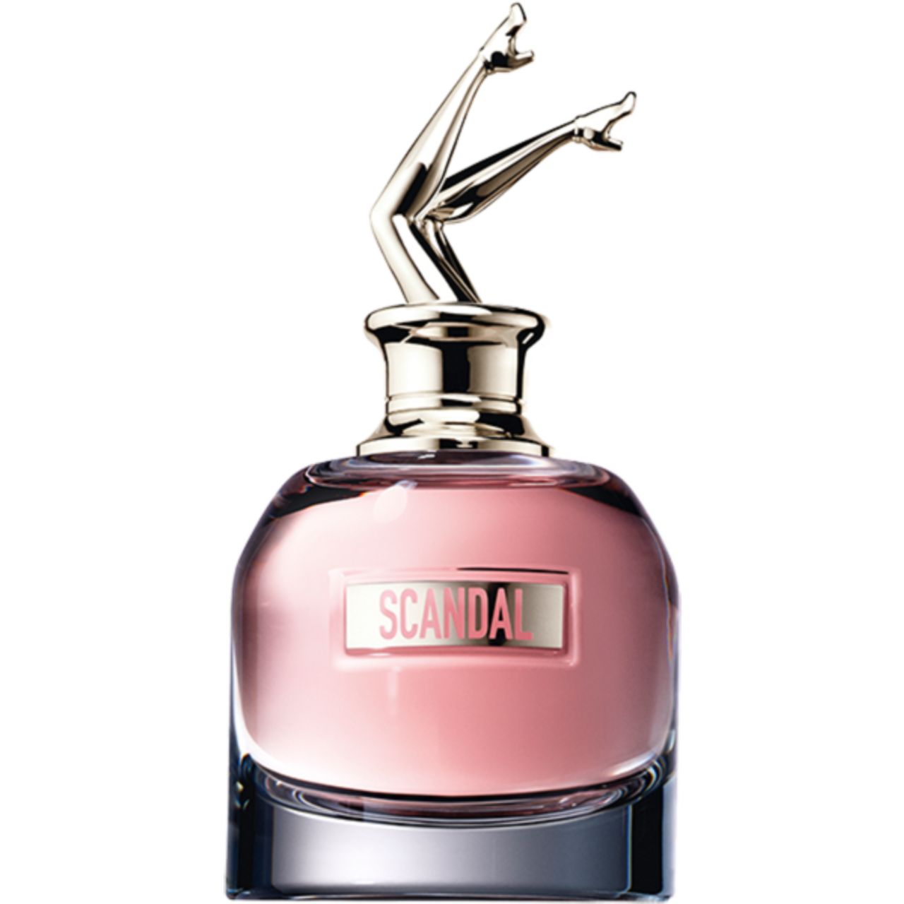 Roze fles met gouden dop in de vorm van benen. Opschrift "SCANDAL".