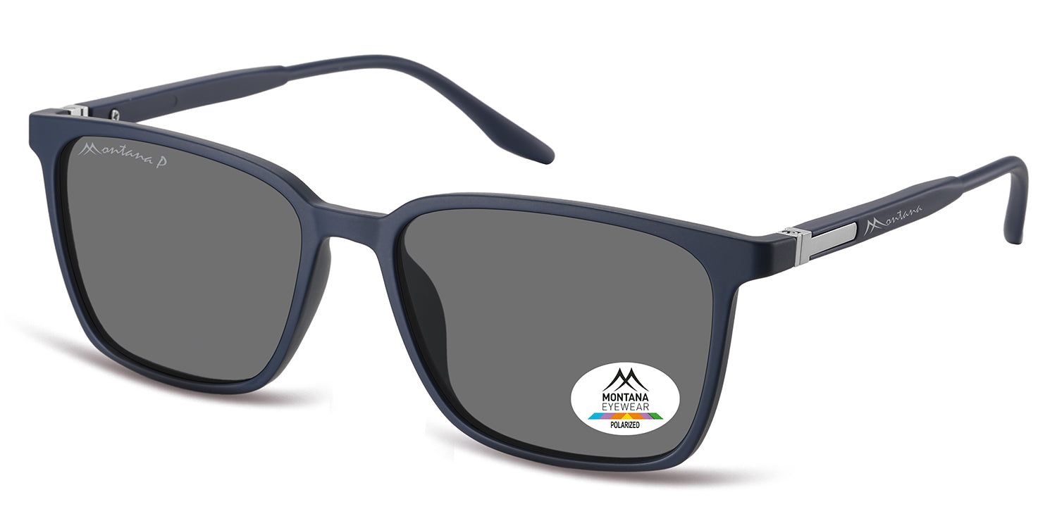 Lunettes de soleil bleues avec verres gris. Logo Montana Eyewear sur la branche et le verre. Verres polarisés.