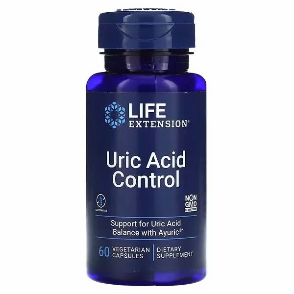 Blauwe fles met capsules. Opschrift: Life Extension Uric Acid Control. 60 vegetarische capsules. Glutenvrij, Non-GMO.
