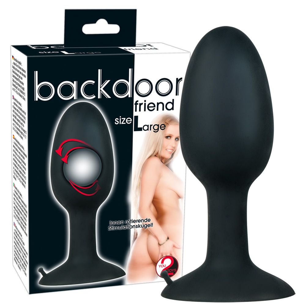 Bouchon anal noir, taille L, avec une base large et un mécanisme à billes intégré.