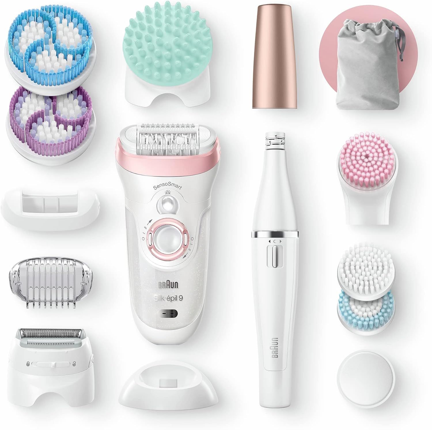 Braun Silk-épil 9 epileerapparaat set met diverse opzetstukken, waaronder borstelkoppen en trimmer.