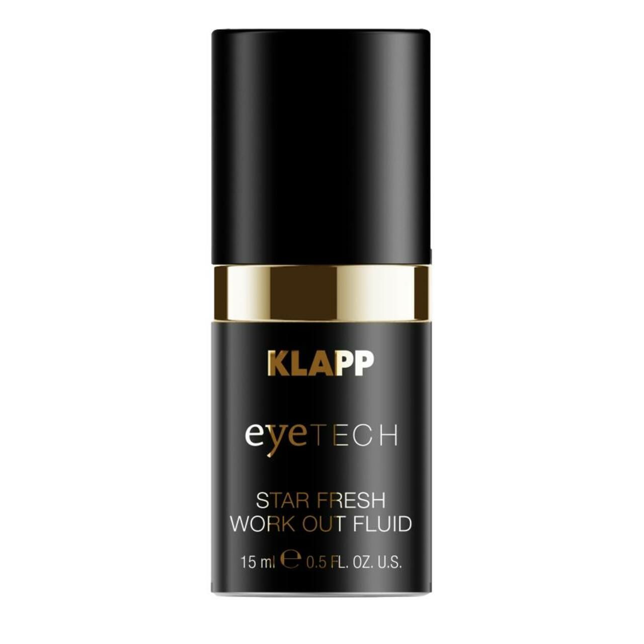 Flacon pompe noir avec anneau doré, KLAPP eyeTECH Star Fresh Work Out Fluid, 15 ml.