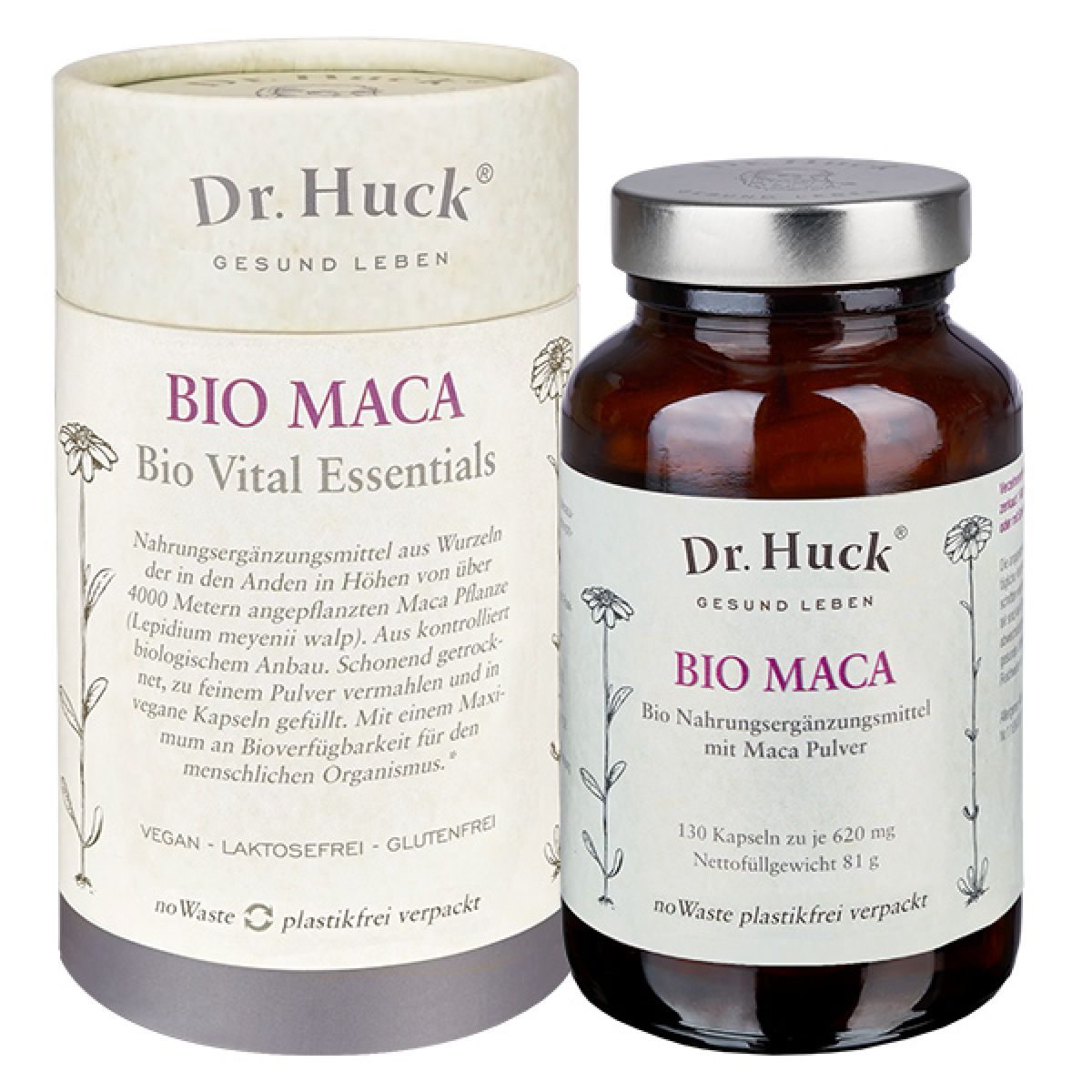 Boîte cylindrique et flacon en verre brun. Inscription BIO MACA et logo Dr. Huck. 130 gélules. Poids net 81g.