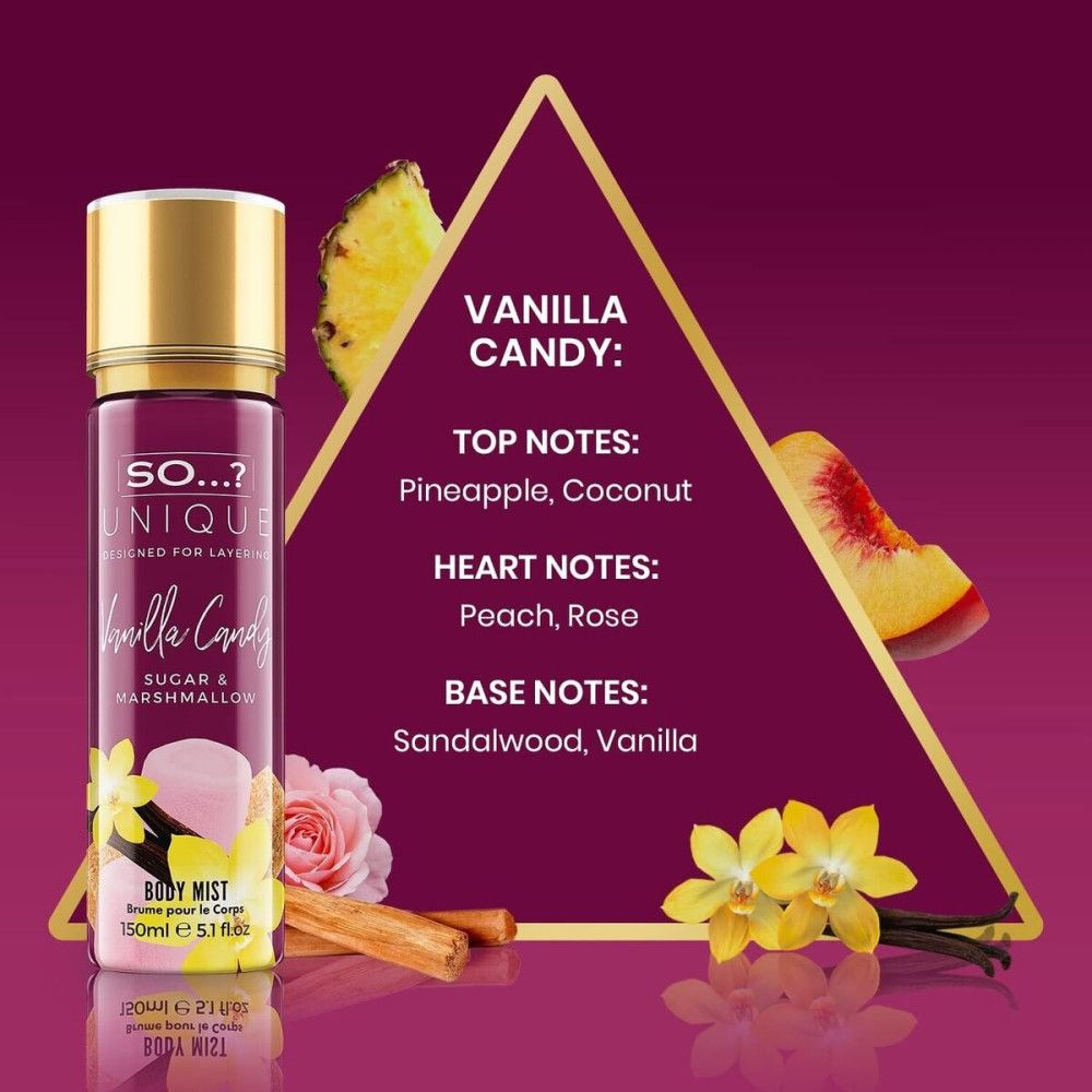 Flacon de brume corporelle avec bouchon doré. Inscription: Vanilla Candy. Notes: Ananas, noix de coco, pêche, rose, bois de santal, vanille.