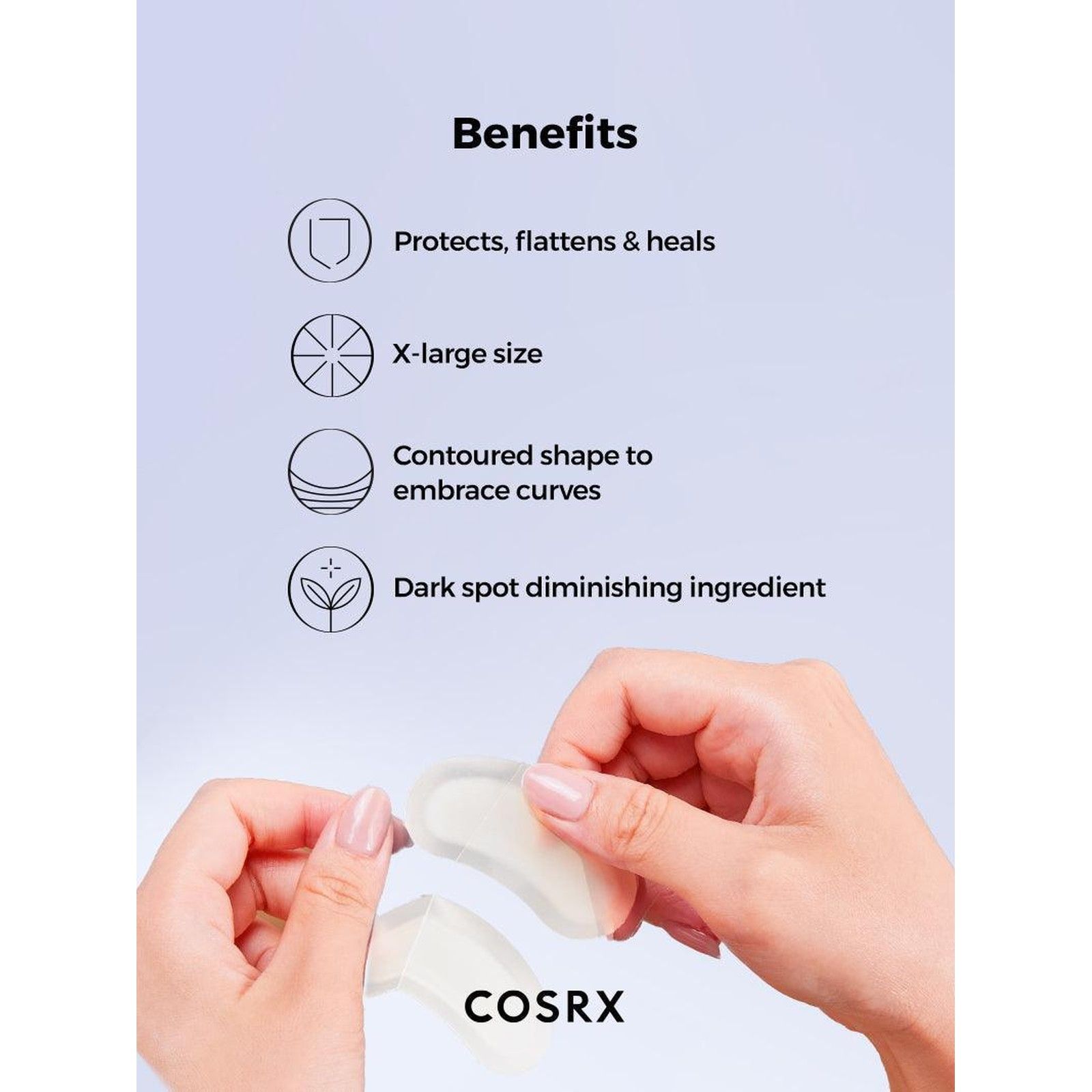 Mains tenant des patchs COSRX Clear Fit Master. Grande taille, forme profilée, ingrédients anti-taches.