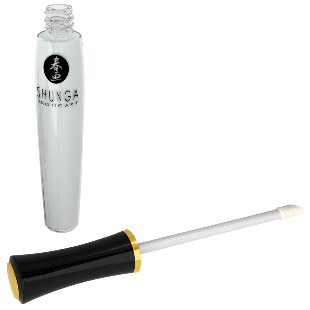 Flacon vide et applicateur. Inscription: Shunga. Bouchon noir, anneau doré. Pour usage oral.