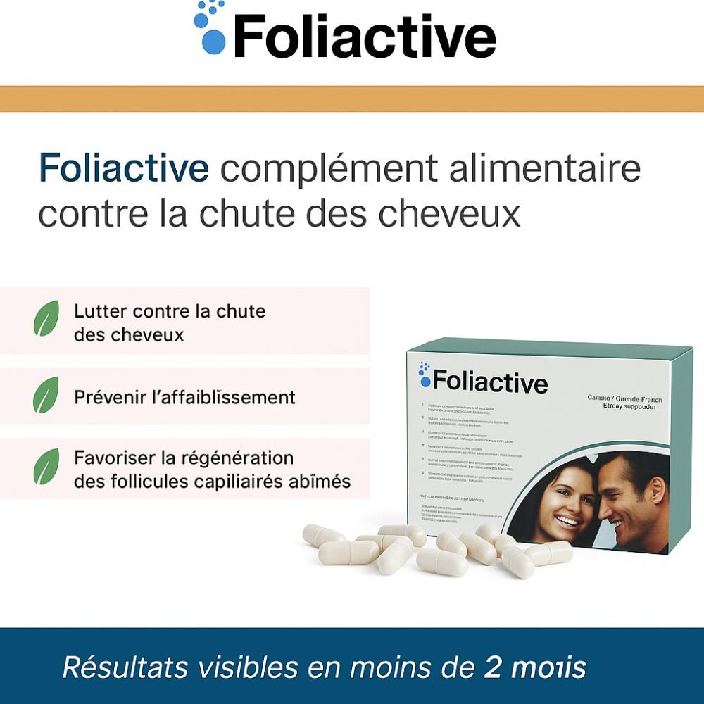 Publicité "Foliactive" avec logo et boîte. Gélules blanches à côté. Texte: Complément alimentaire contre la chute des cheveux.
