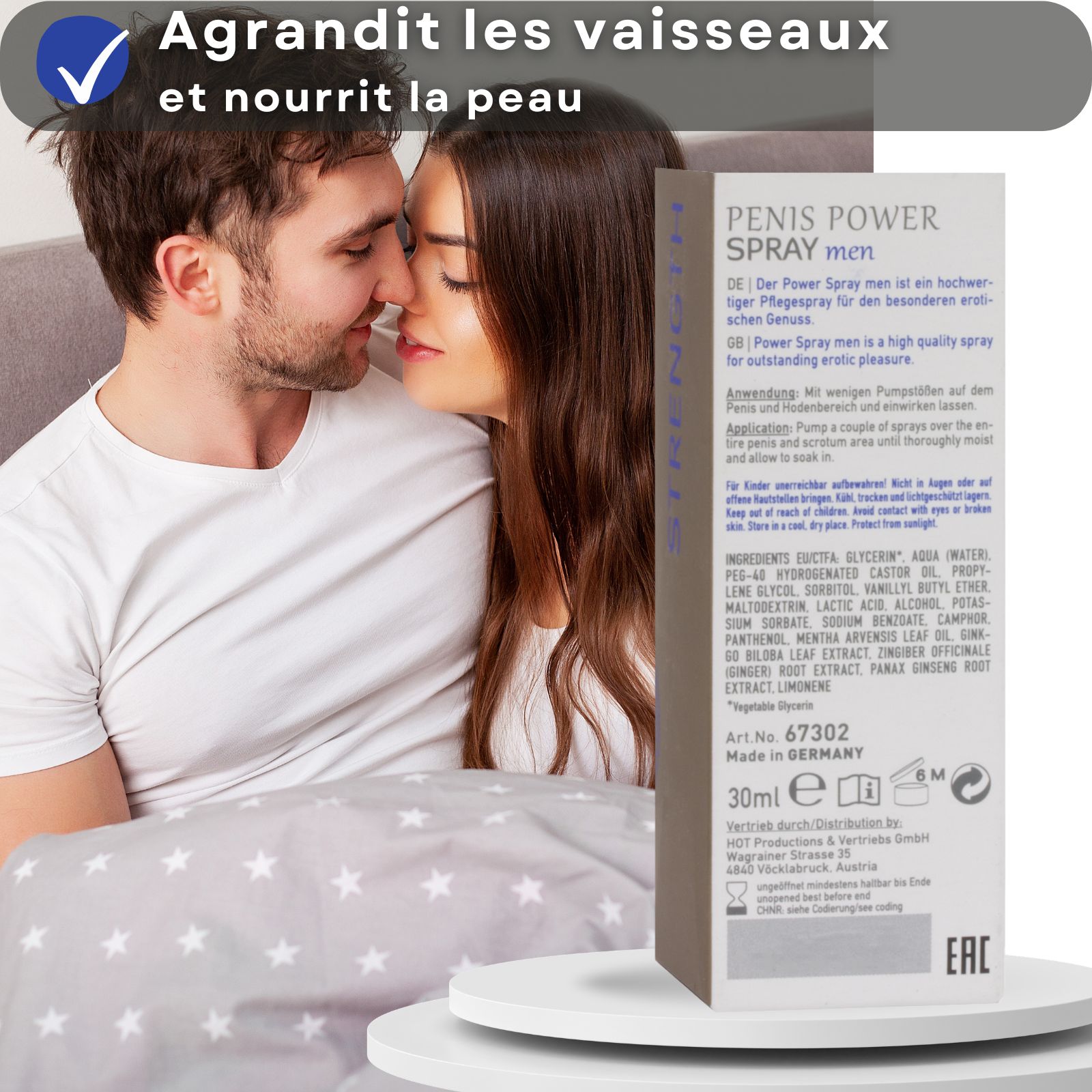 Boîte et flacon spray de Penis Power Spray, unité de 30ml, pour les besoins quotidiens.